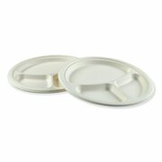 Boardwalk Bagasse Molded Fiber Dinnerware, 3-Compartment Plate, 10", Wht, PK500 BWKPLATEWF3CM10